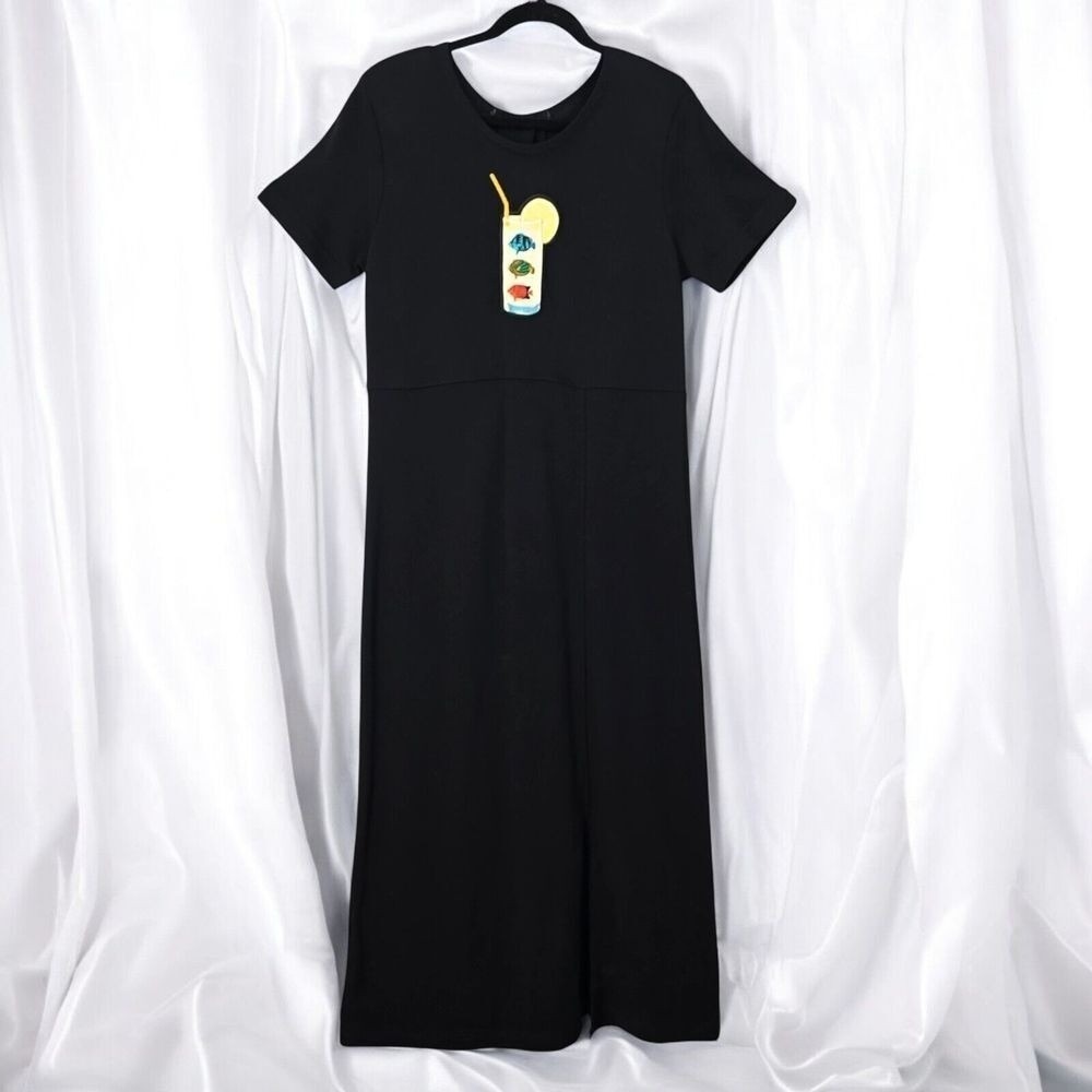 Richard and Company‎ Black Cotton Fish Patch Midi Dress Multi Color Buttons